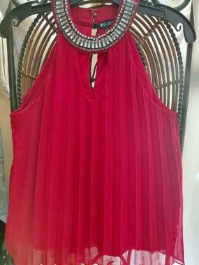 Miss Chievous Red Pleated Halter Blouse with Beaded Collar